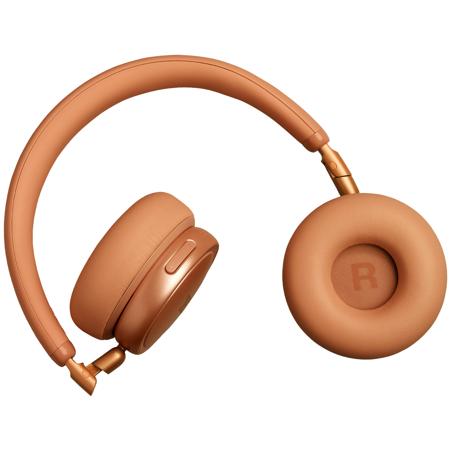 An orange headphone with gold accents against a black background.