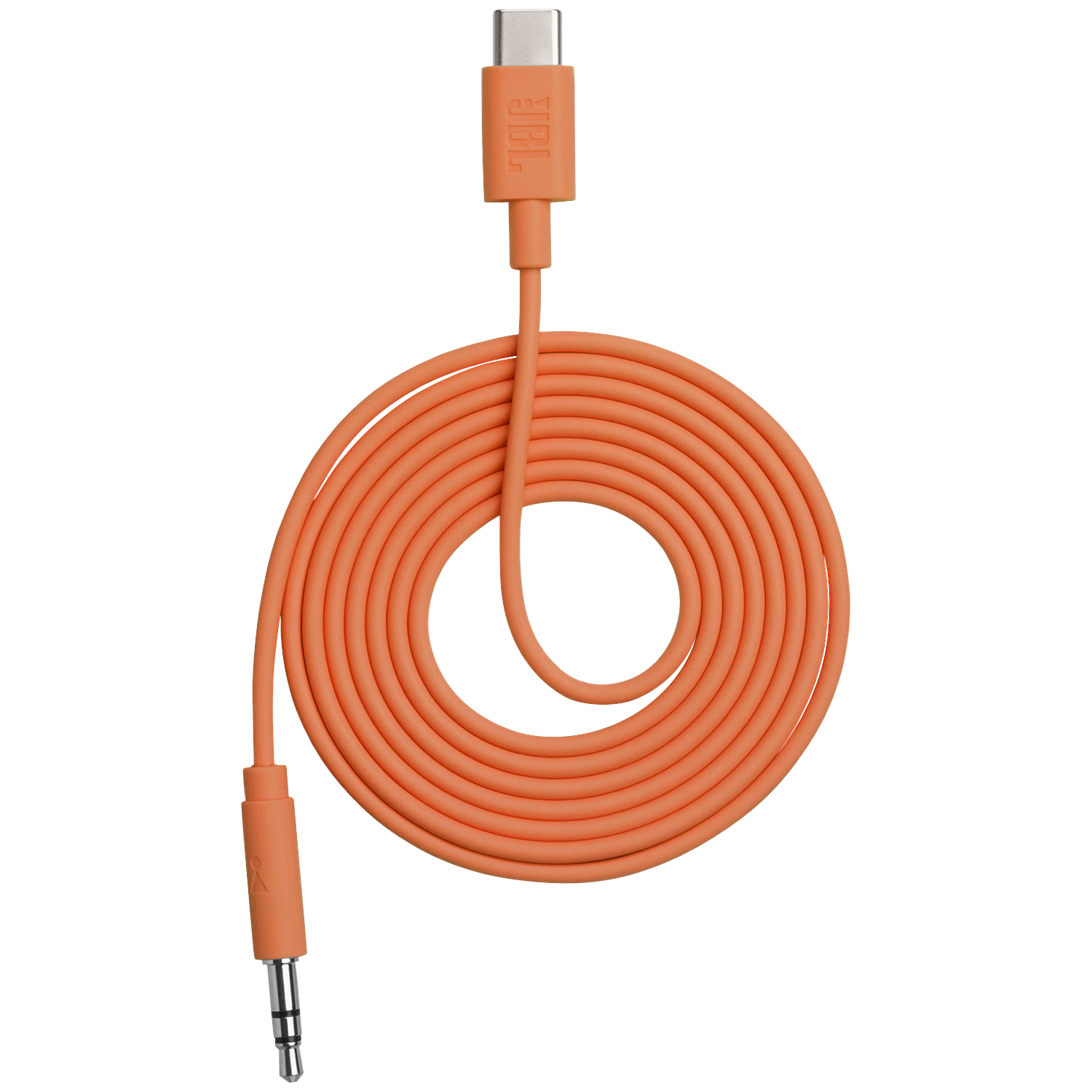 An orange JBL cable with USB-C and 3.5mm connectors on a black background.
