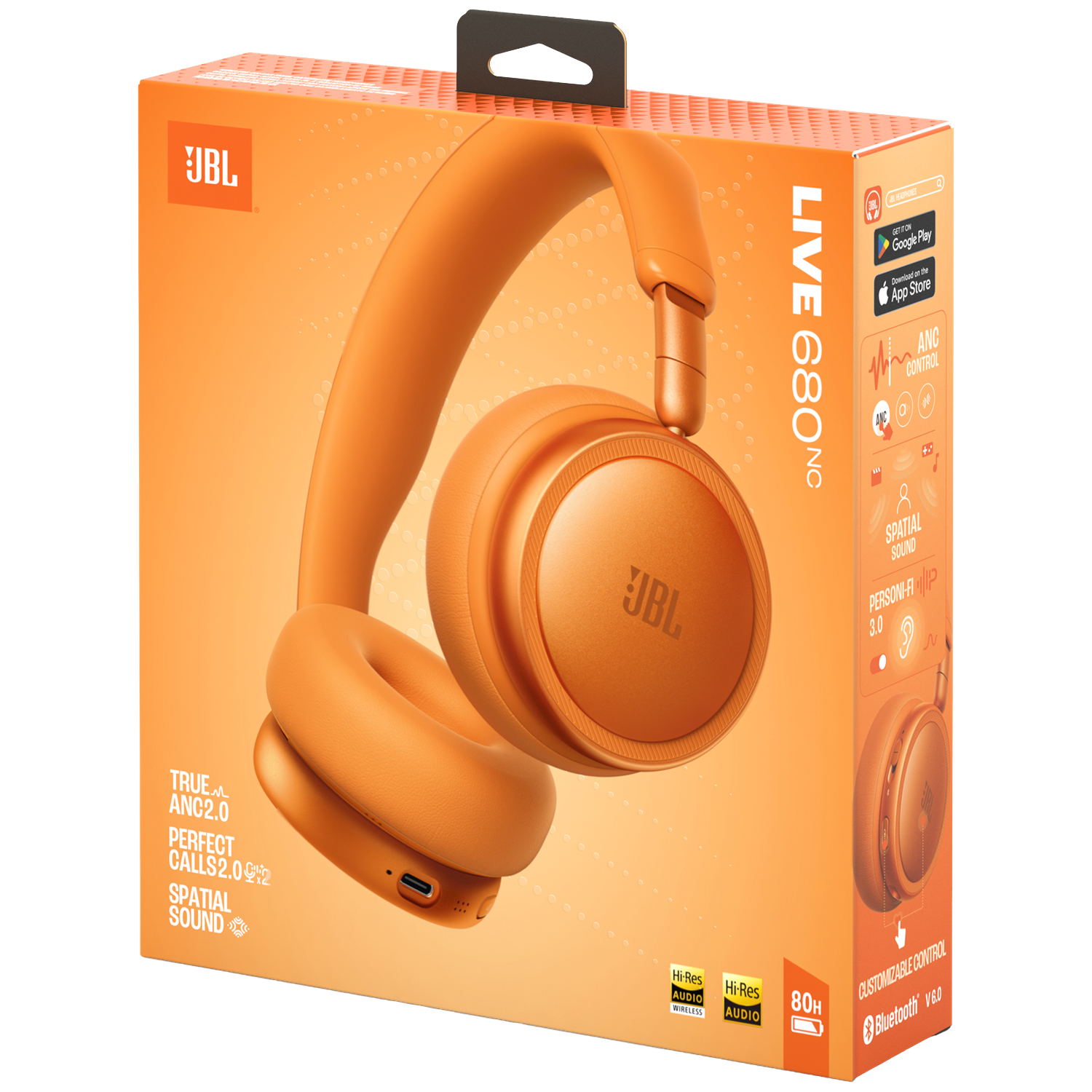 Orange JBL headphones box with LIVE 680NC model name and features.