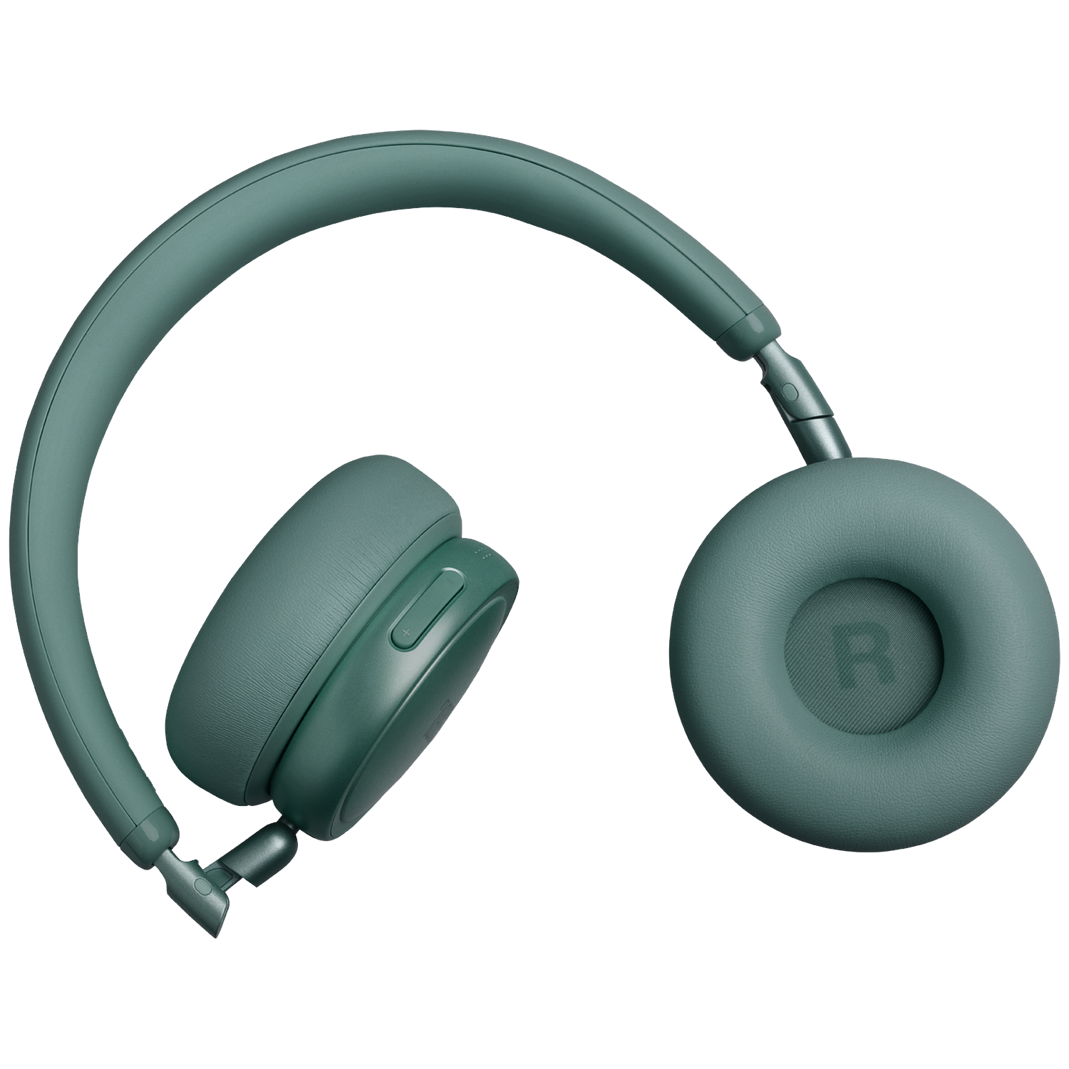 A teal-colored headphone with padded earcups, set against a black background.