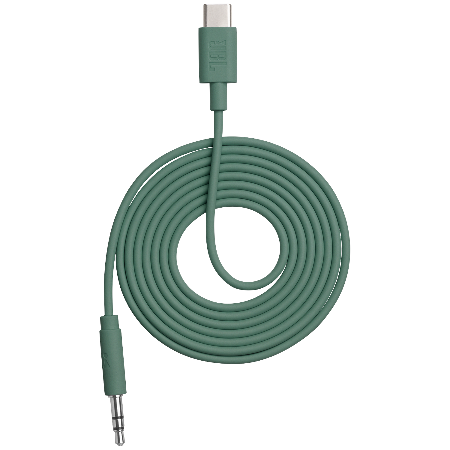 Green USB-C to 3.5mm jack cable, coiled, with JBL logo.