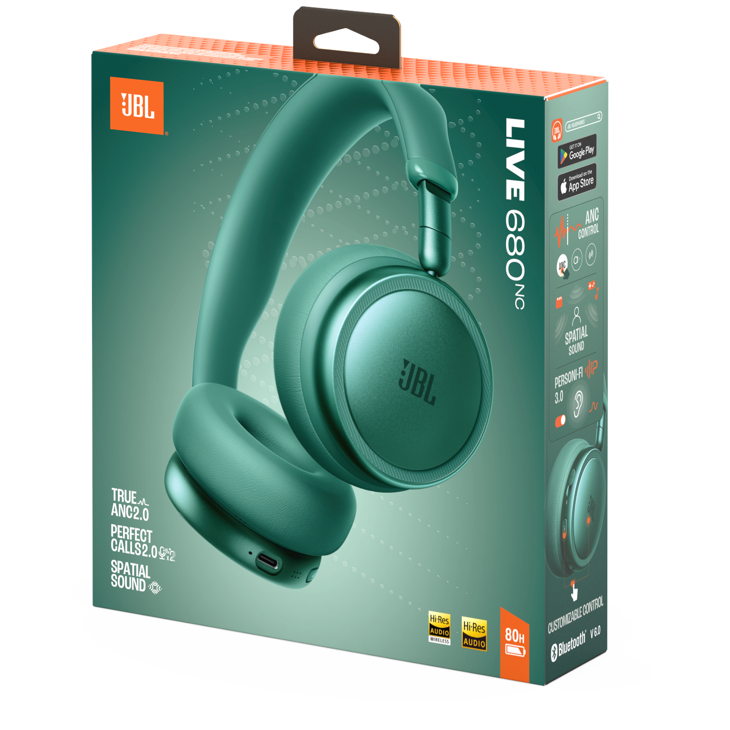 JBL Live 680NC headphones box in teal with product image and features.