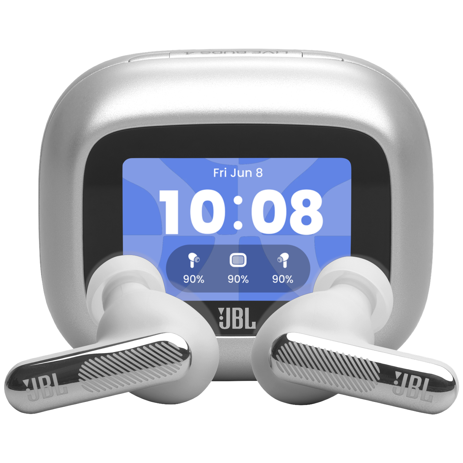 Zilveren oplaadcase met JBL-logo en twee witte oordopjes. Display toont 10:08.