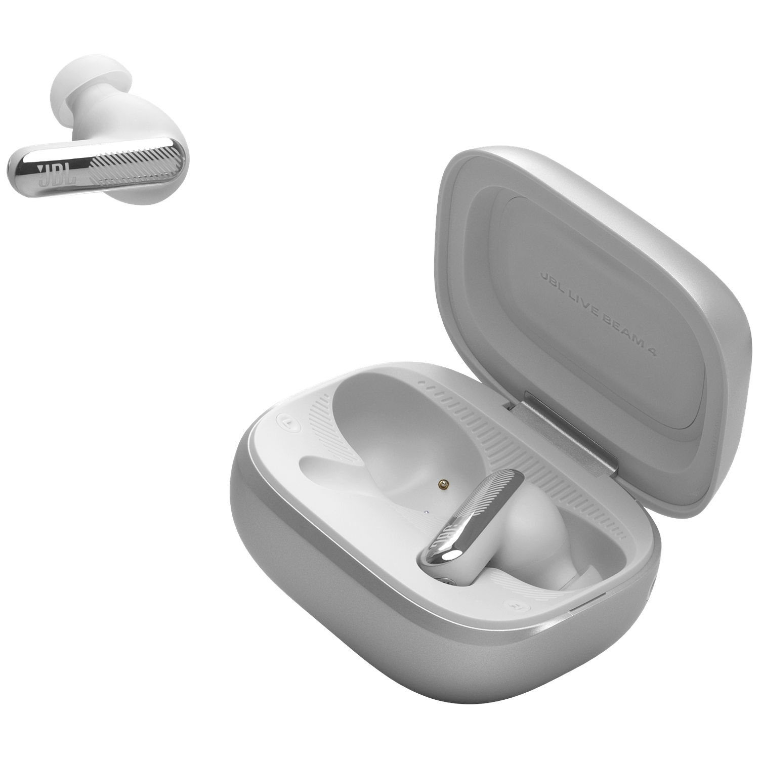 Witte JBL draadloze oordopjes met oplaadcase; één in de case, één ernaast.