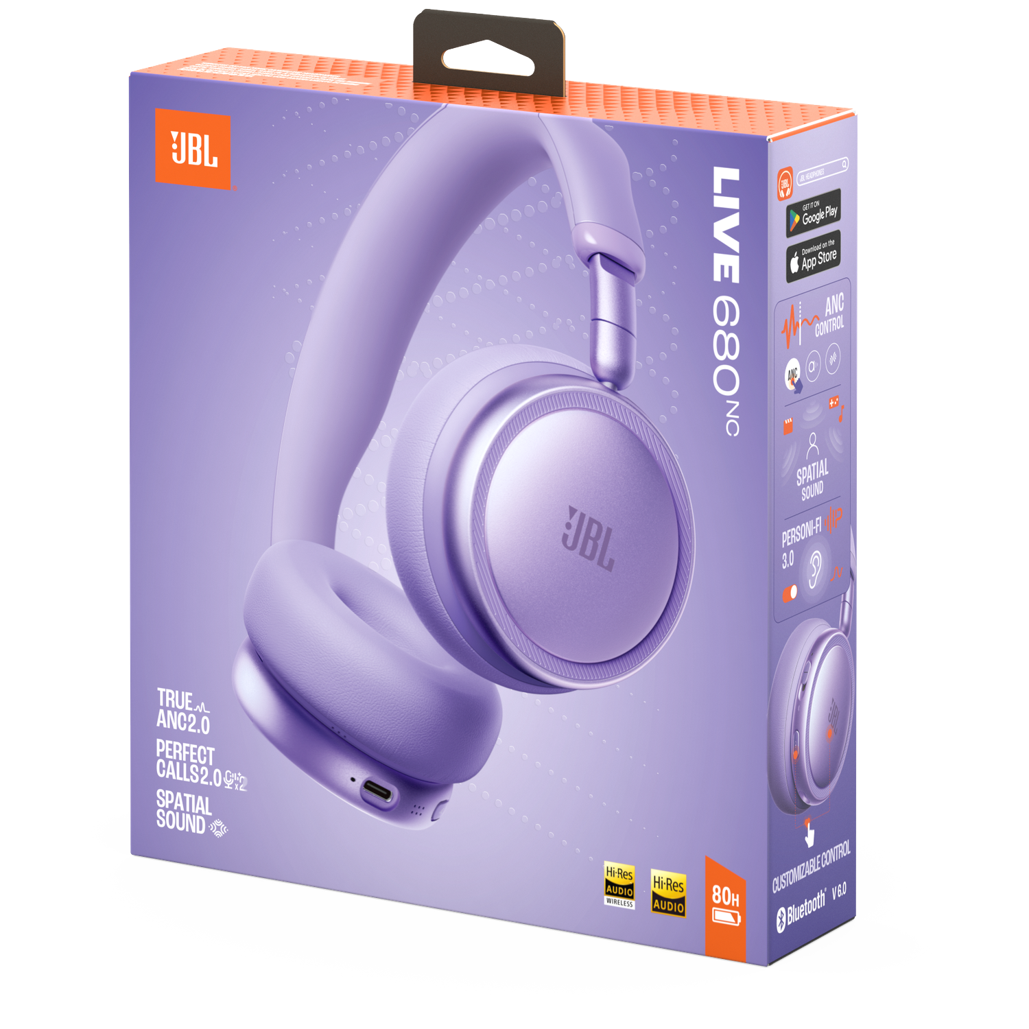 Purple JBL headphones with ANC and long battery life on packaging.