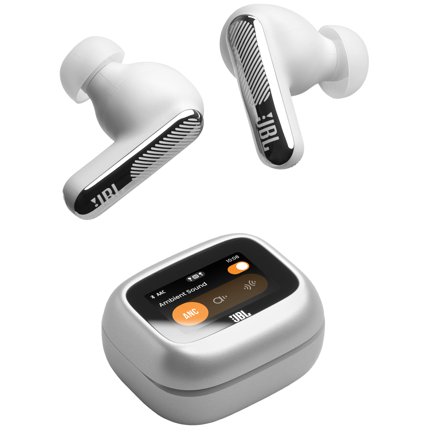 Witte JBL oordopjes en oplaadcase met touchscreen.