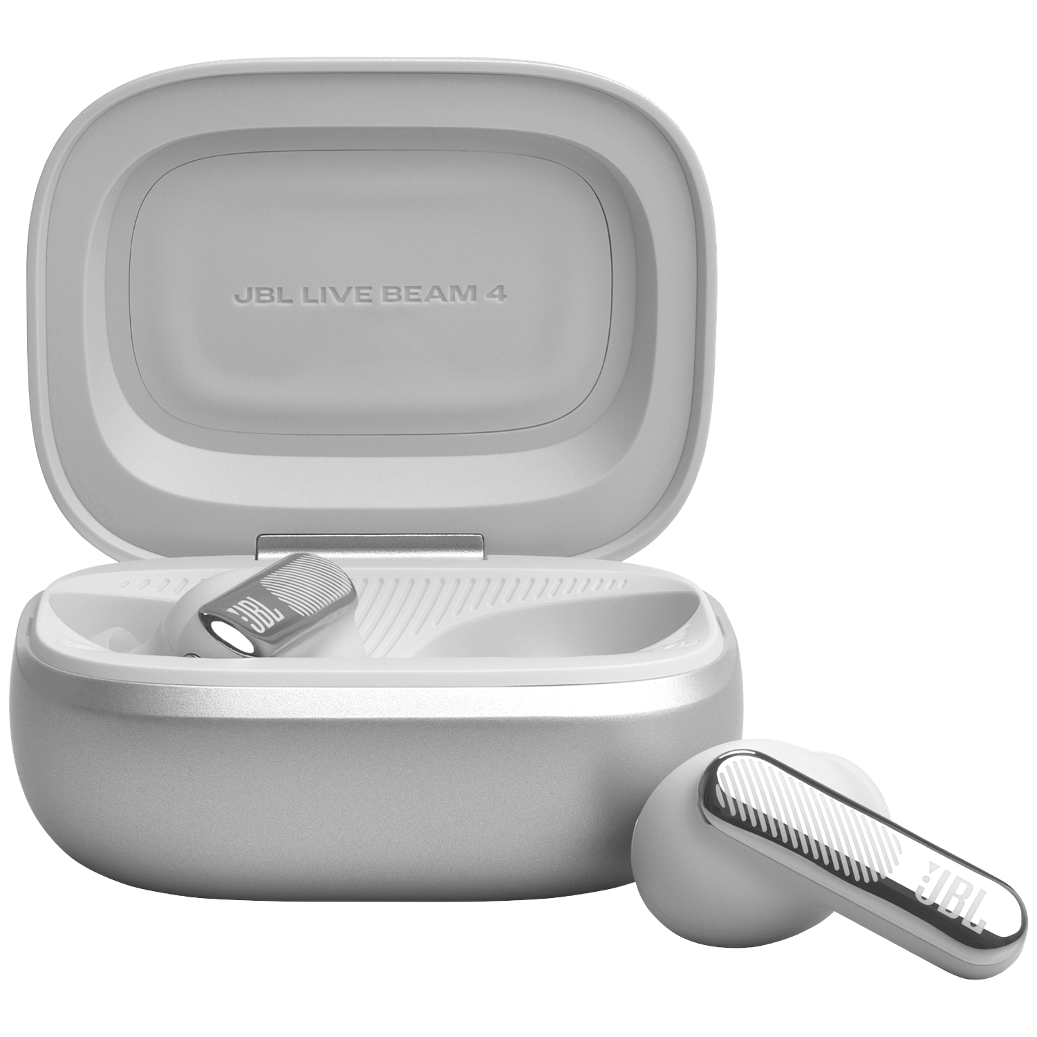 Witte JBL Live Beam 4 oordopjes met oplaadcase, één oordopje ernaast.