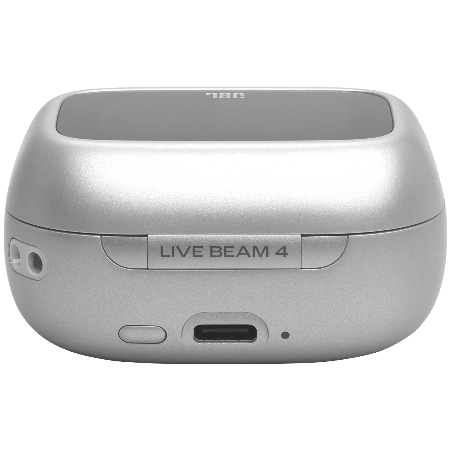 Zilveren oplaadcase met JBL-logo en 'LIVE BEAM 4'-tekst.