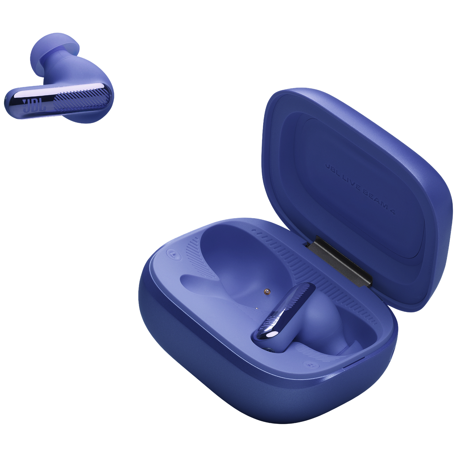 A pair of blue JBL earbuds with charging case on a black background.