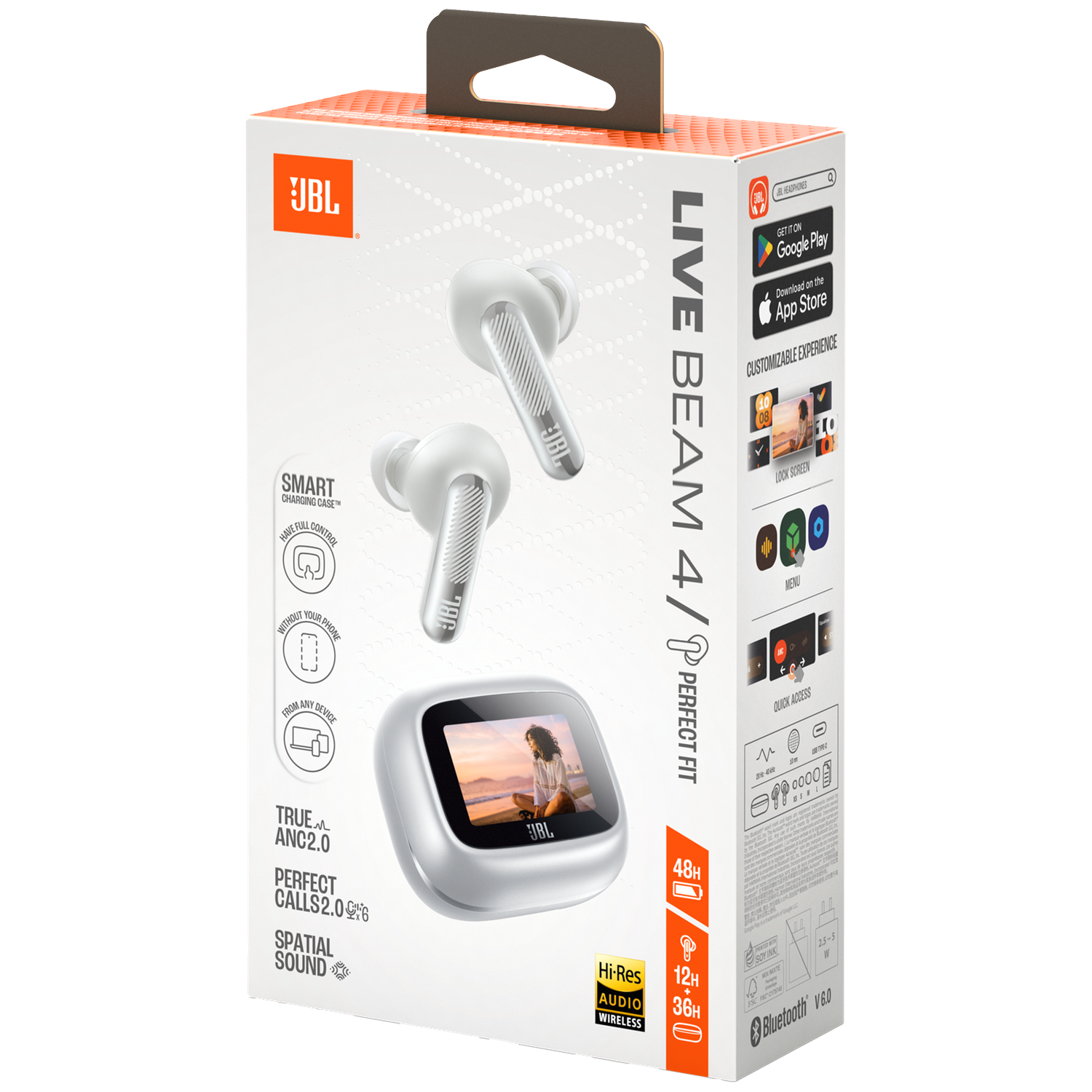 JBL Live Beam 4 oordopjes verpakking met witte oordopjes en oplaadcase.