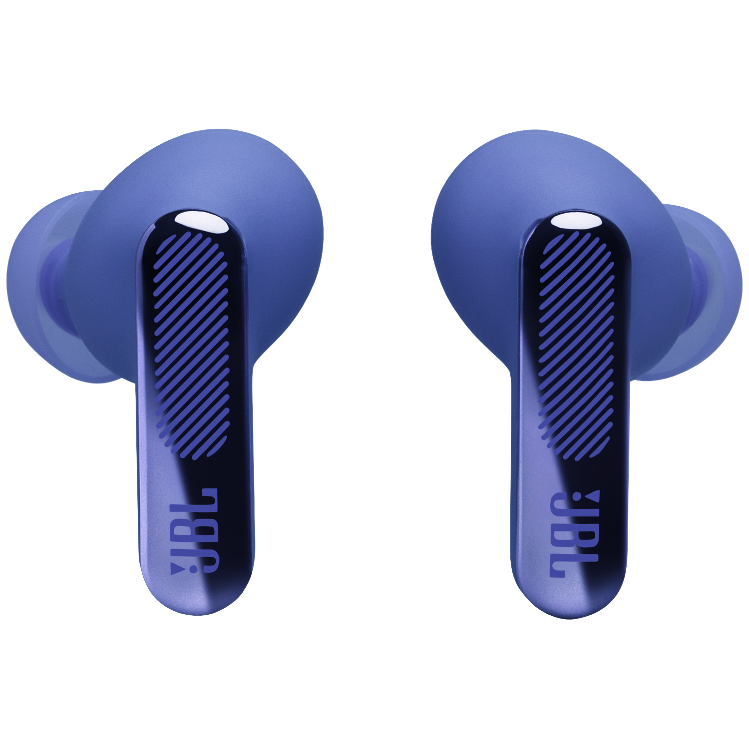 Two blue JBL earbuds with striped pattern and logo on black background.