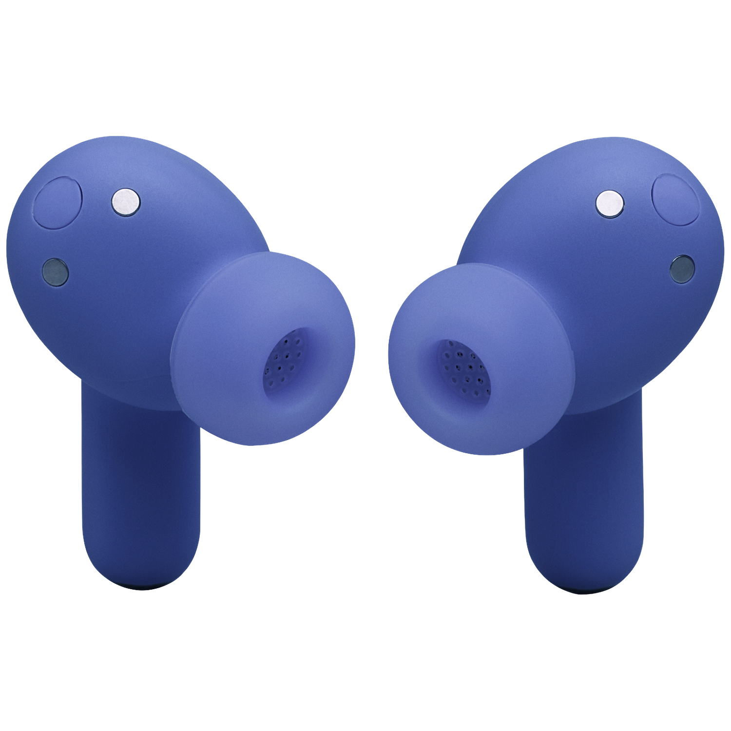 Two blue wireless earbuds with silver accents on a black background.