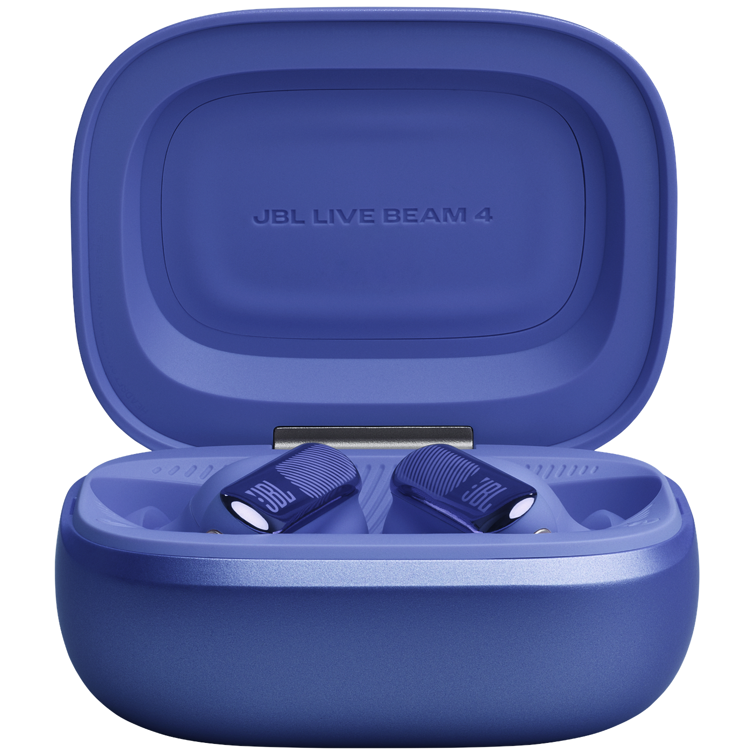 Blue JBL Live Beam 4 earbuds case, open, with earbuds inside.