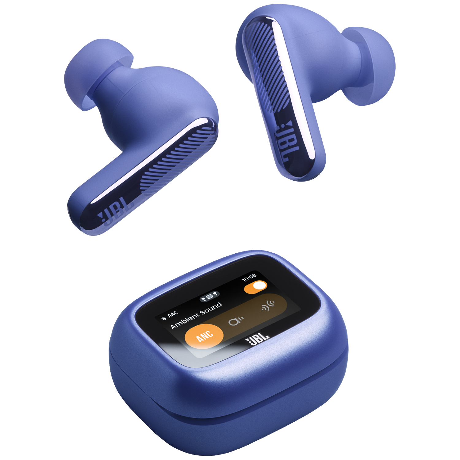 Blue wireless earbuds with charging case and touchscreen.