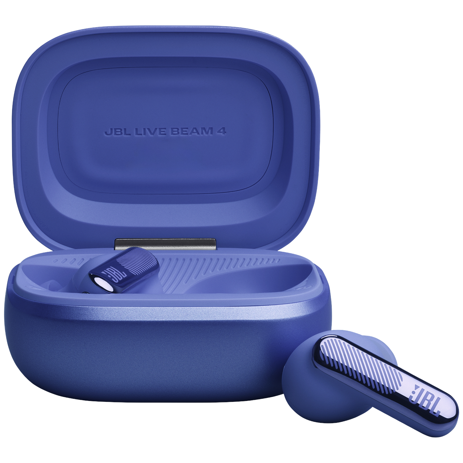 Blue JBL Live Beam 4 earbuds with charging case on black background.