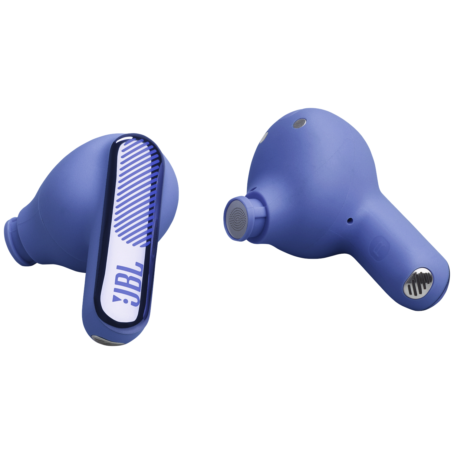 Two blue JBL earbuds with stripe pattern and logo on a white background.