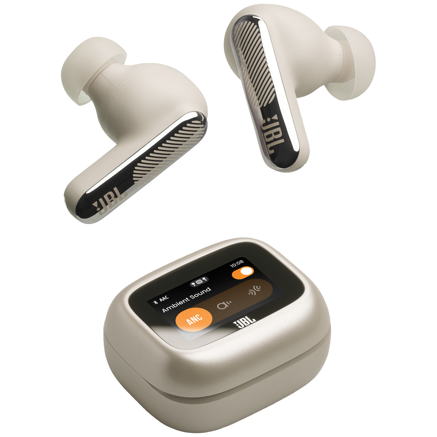 Écouteurs JBL beiges et étui de chargement sur fond noir. L'étui possède un écran tactile.
