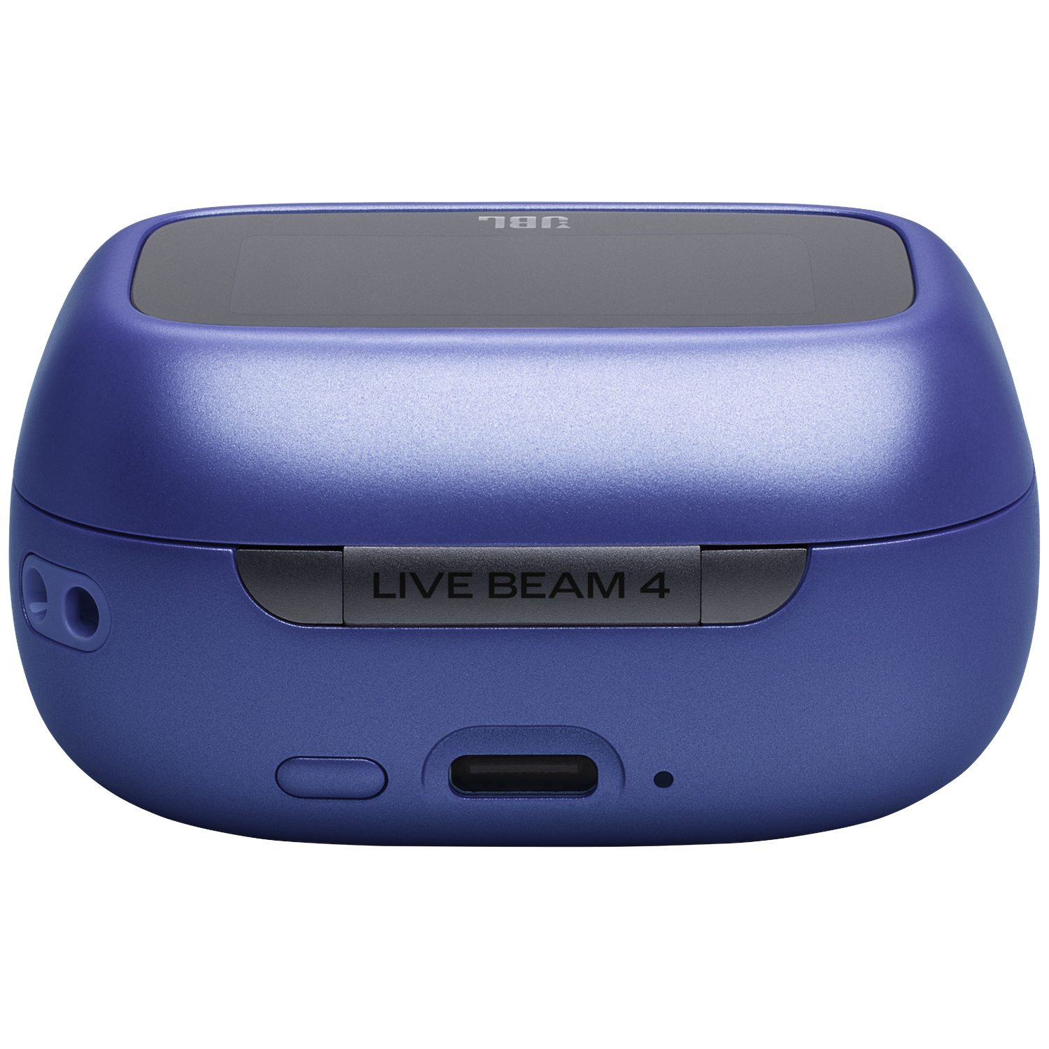 A blue JBL Live Beam 4 charging case with a USB-C port and button.