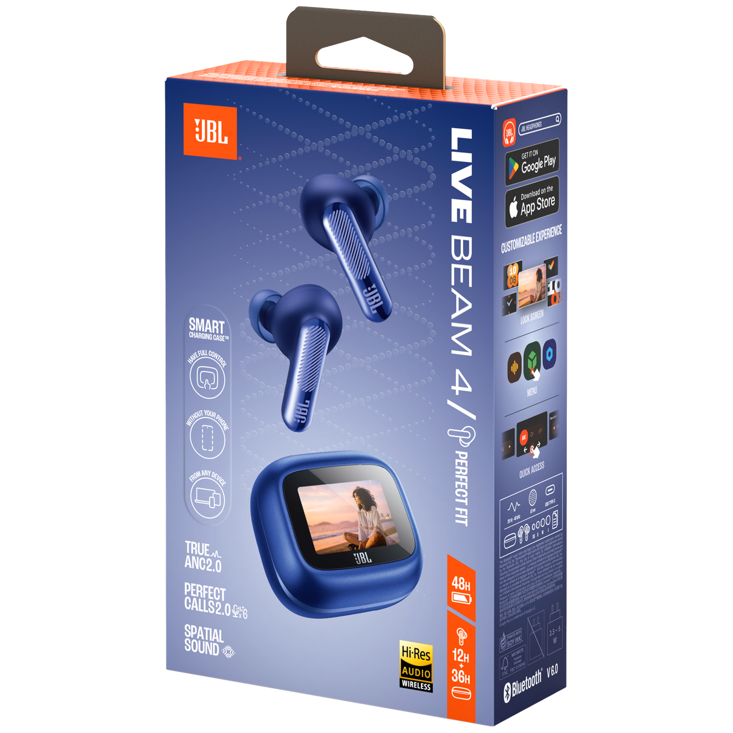 Packaging of blue JBL Live Beam 4 earbuds with charging case.