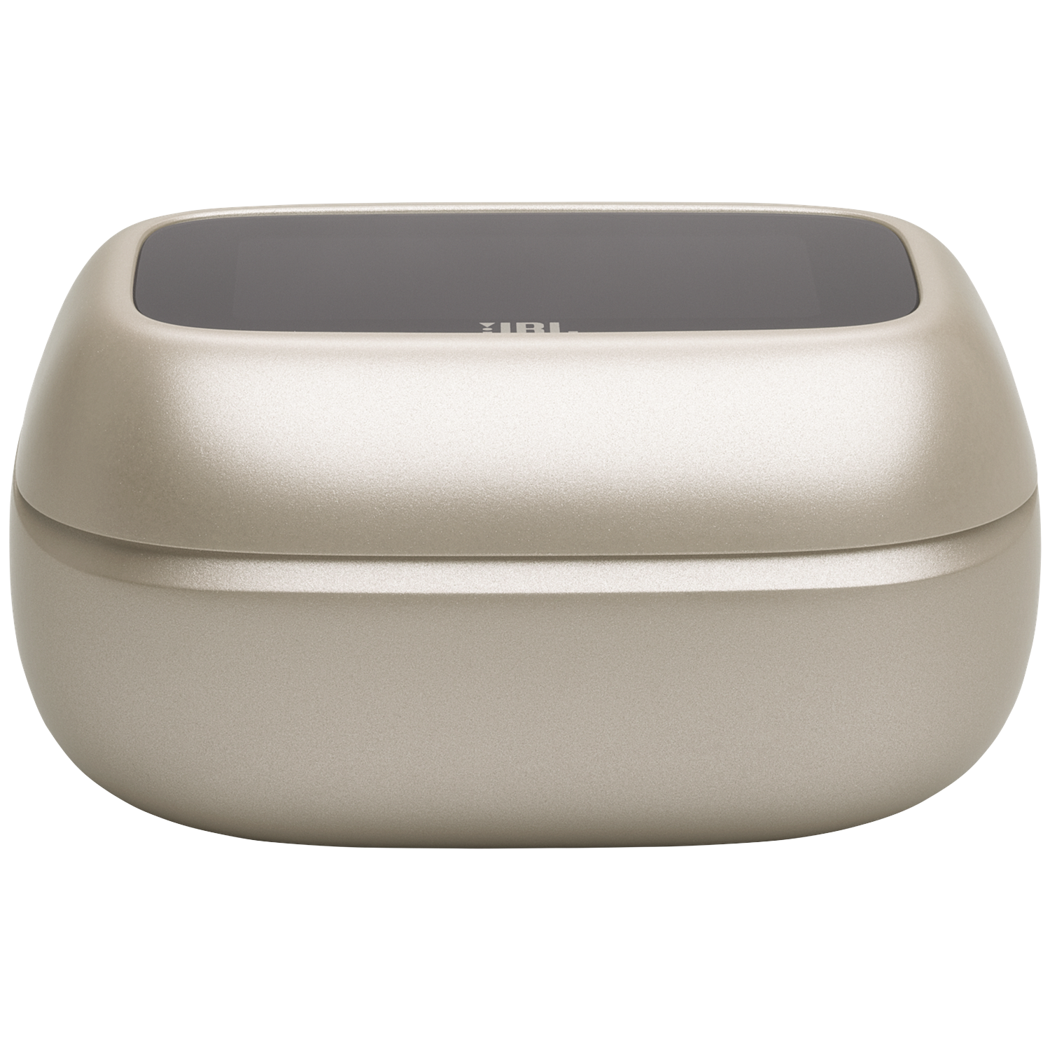 Un étui de chargement JBL beige avec un couvercle rectangulaire sombre.