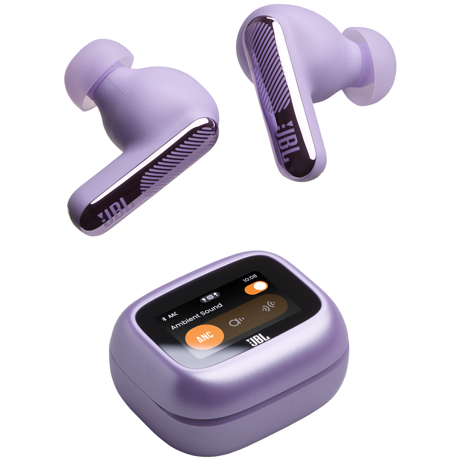 Paarse JBL oordopjes en oplaadcase met touchscreen display.