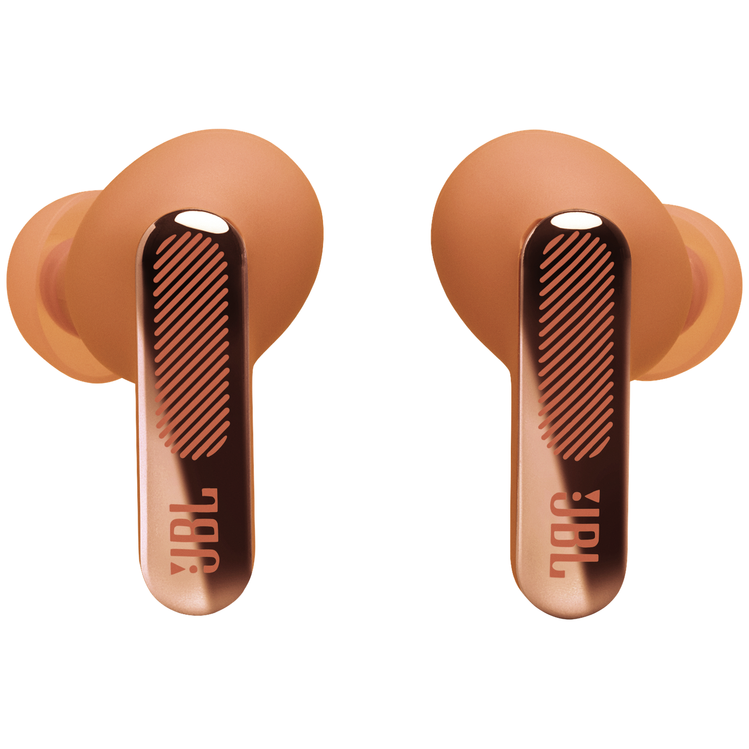 Deux écouteurs JBL orange avec accents noirs sur fond noir.
