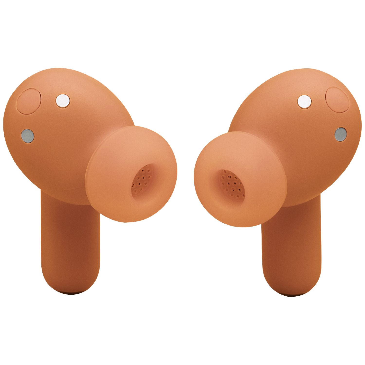 Deux écouteurs orange avec des accents argentés sur fond noir.