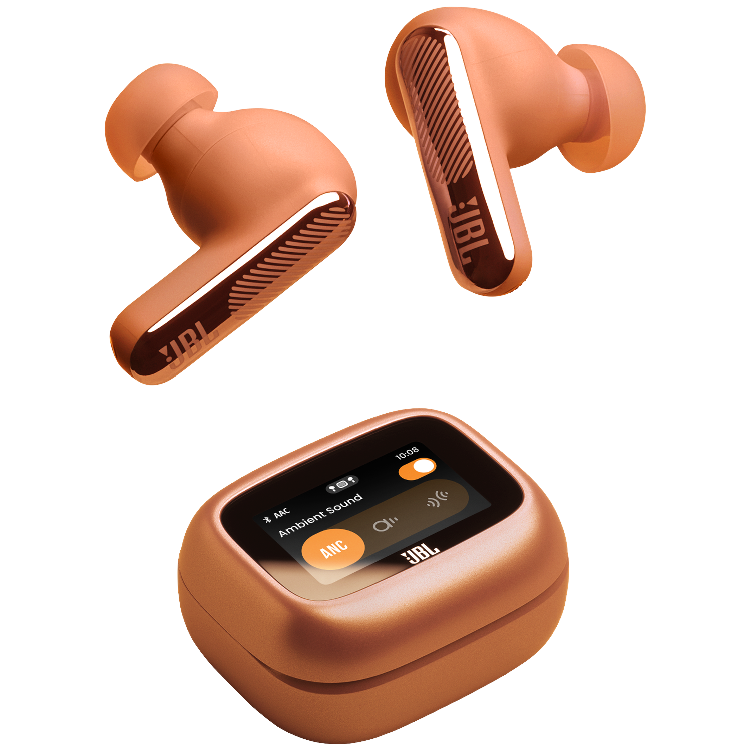Écouteurs JBL orange et étui de chargement avec écran affichant les réglages ANC.