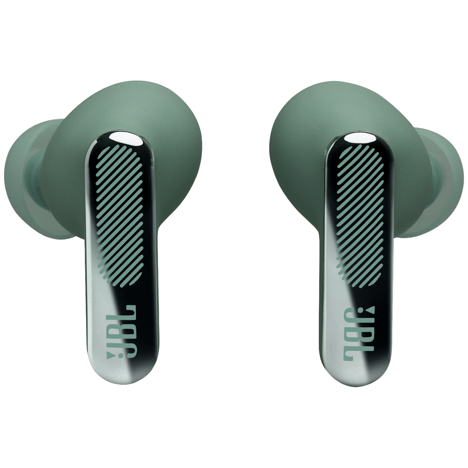 Deux écouteurs JBL verts sur fond noir.
