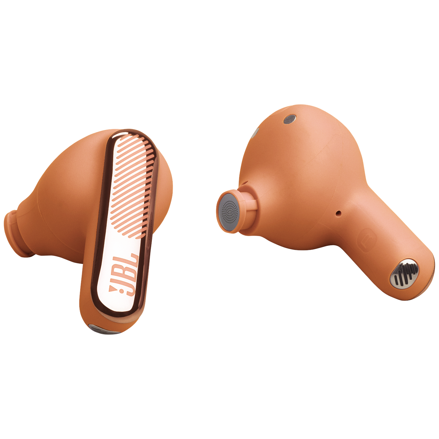 Deux écouteurs JBL orange côte à côte sur fond blanc.
