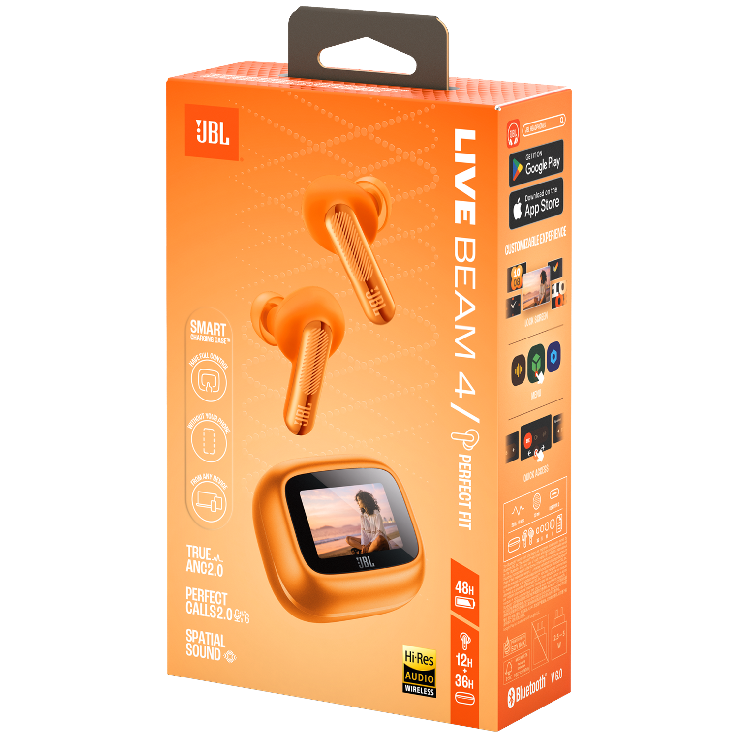 Emballage orange d'écouteurs JBL montrant des écouteurs et un étui de chargement. Les caractéristiques sont listées.