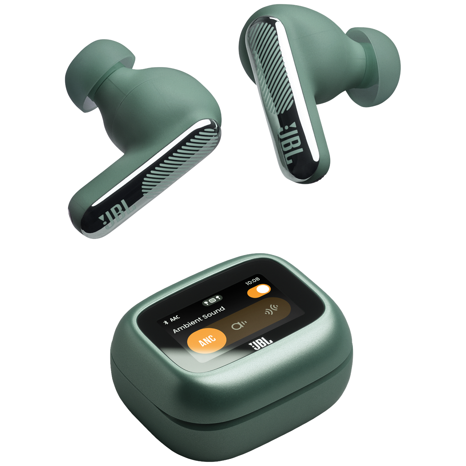 Deux écouteurs JBL verts et étui de chargement tactile. ANC actif.