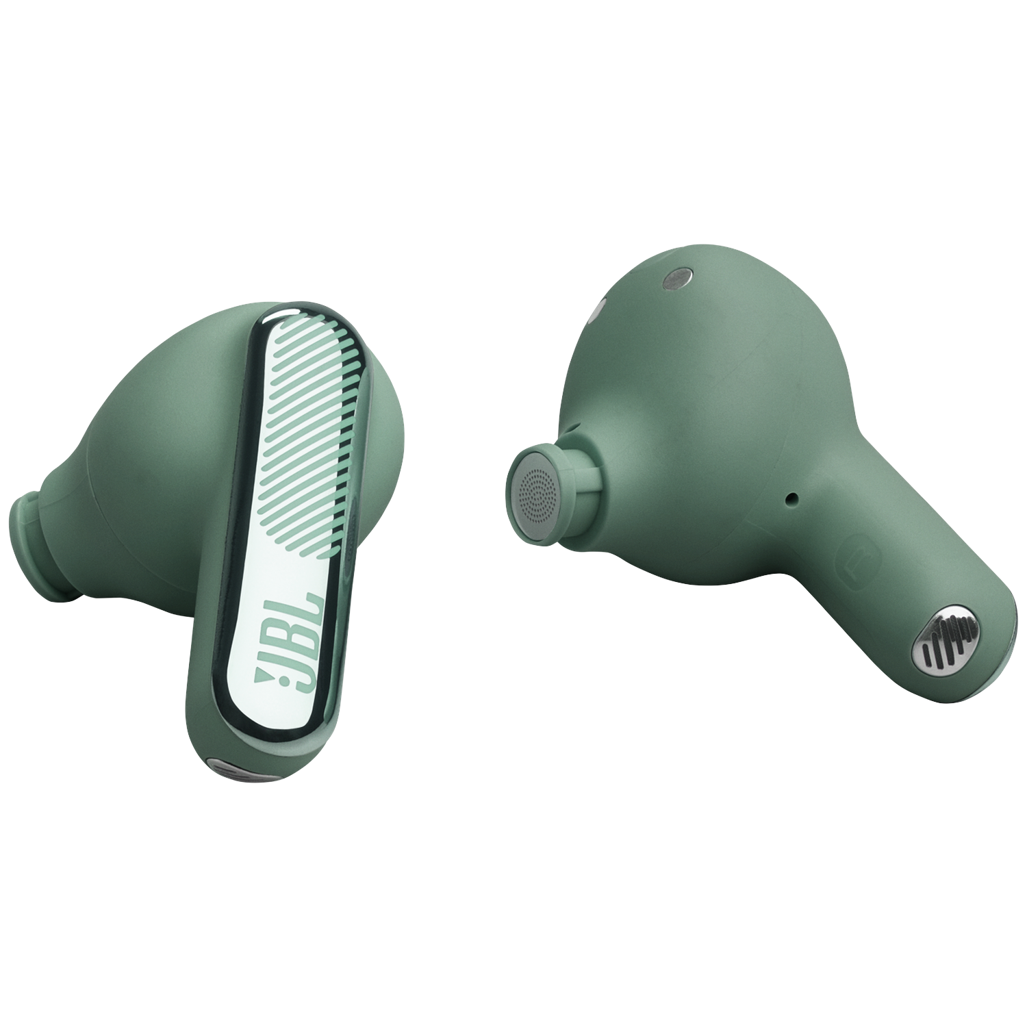 Deux écouteurs JBL verts côte à côte sur fond blanc.