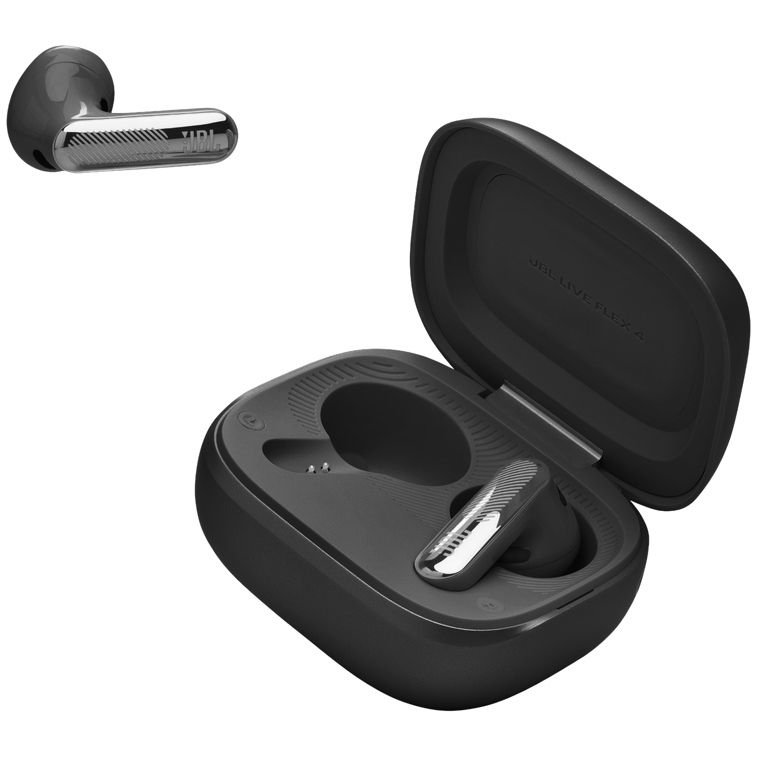 Three gray JBL earbuds and charging case on a black background.