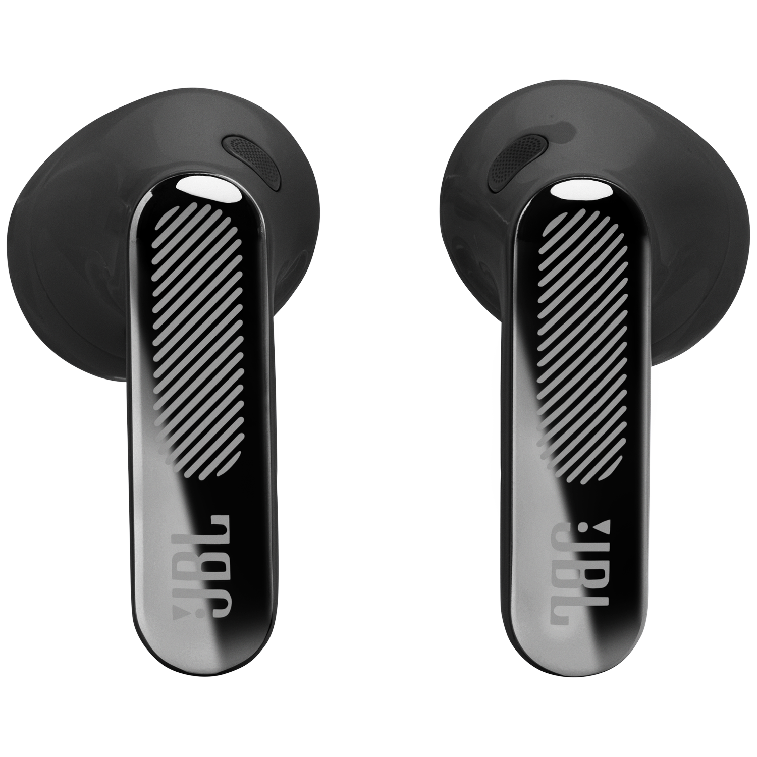 Two black JBL earbuds with silver accents and stripes.