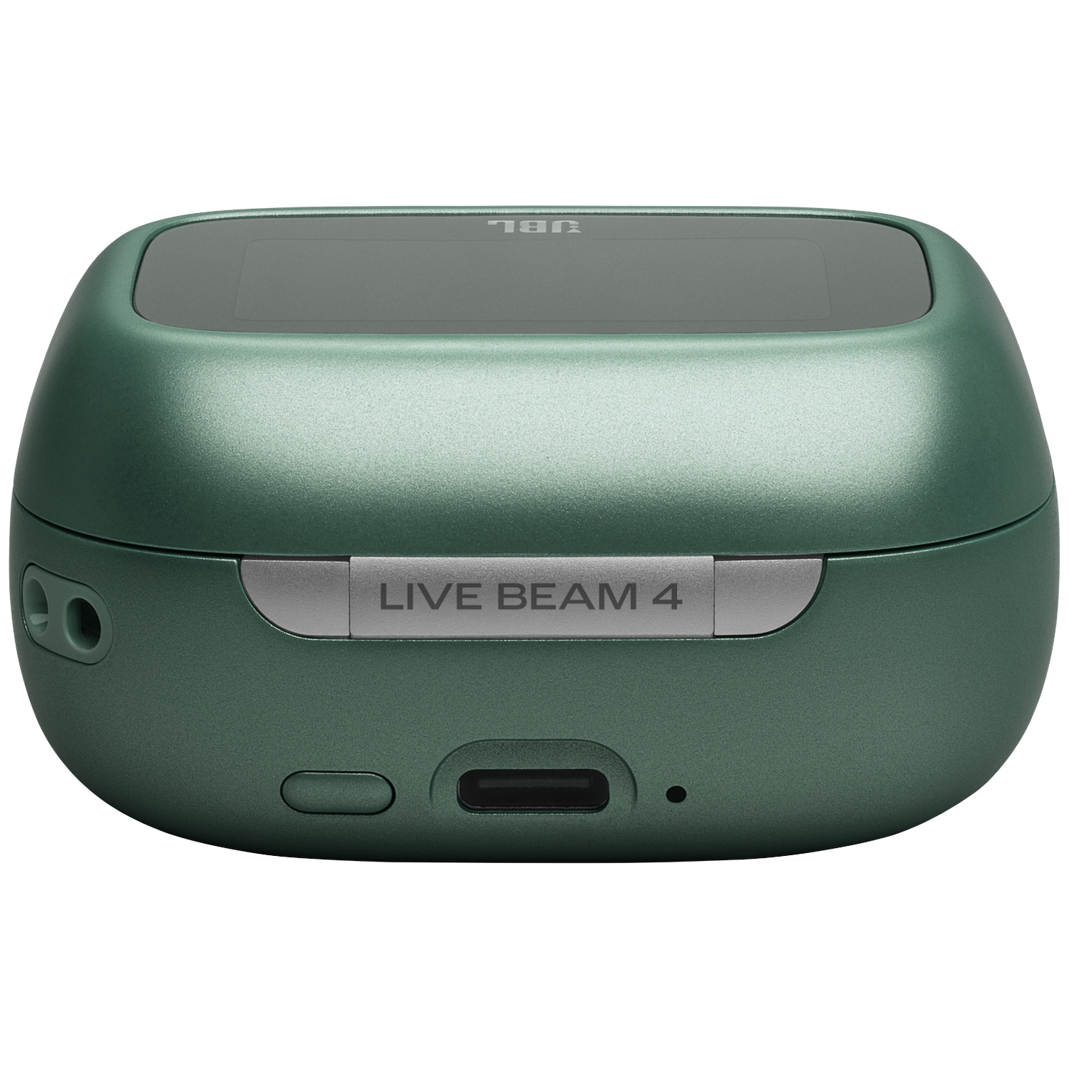 Boîtier de chargement vert JBL Live Beam 4 avec port USB-C et bouton.