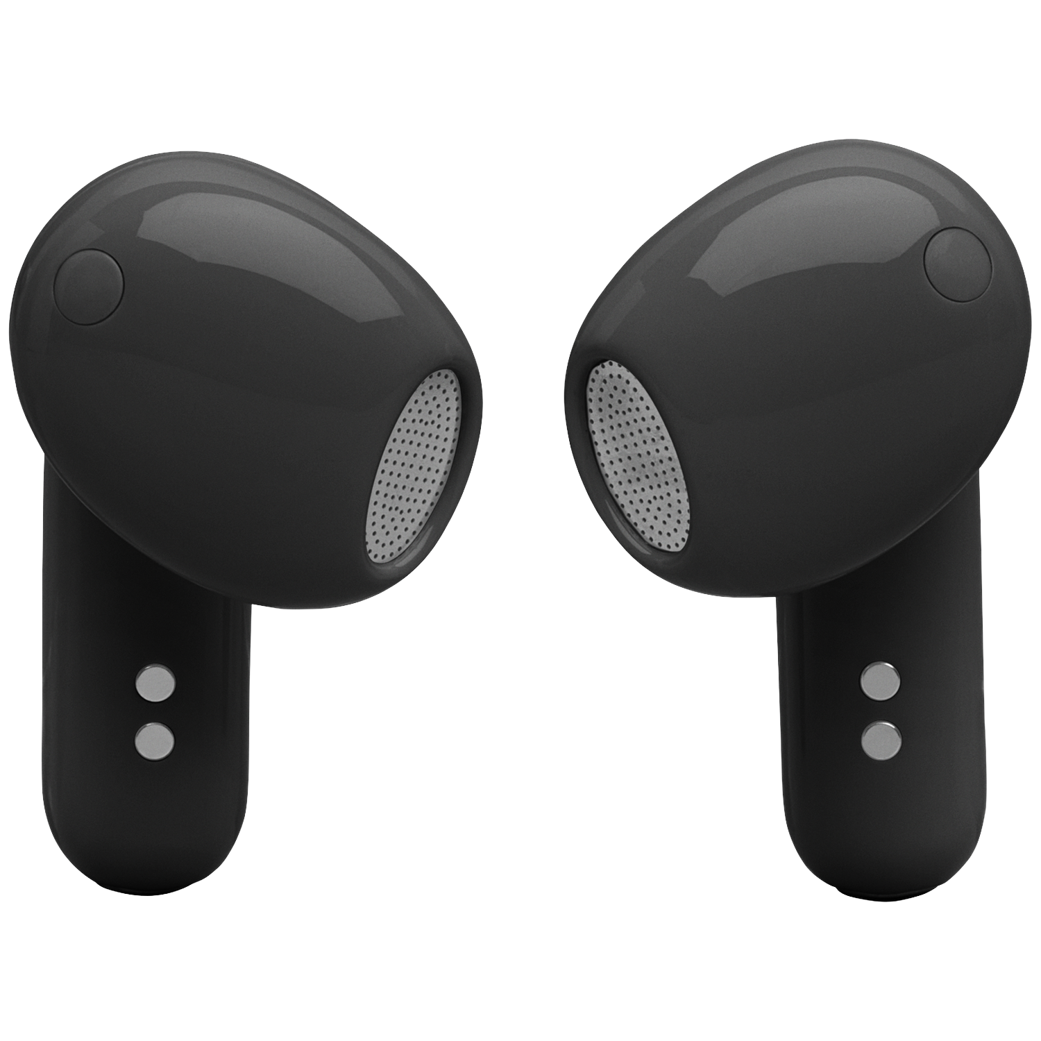 Two black wireless earbuds with silver accents on a black background.