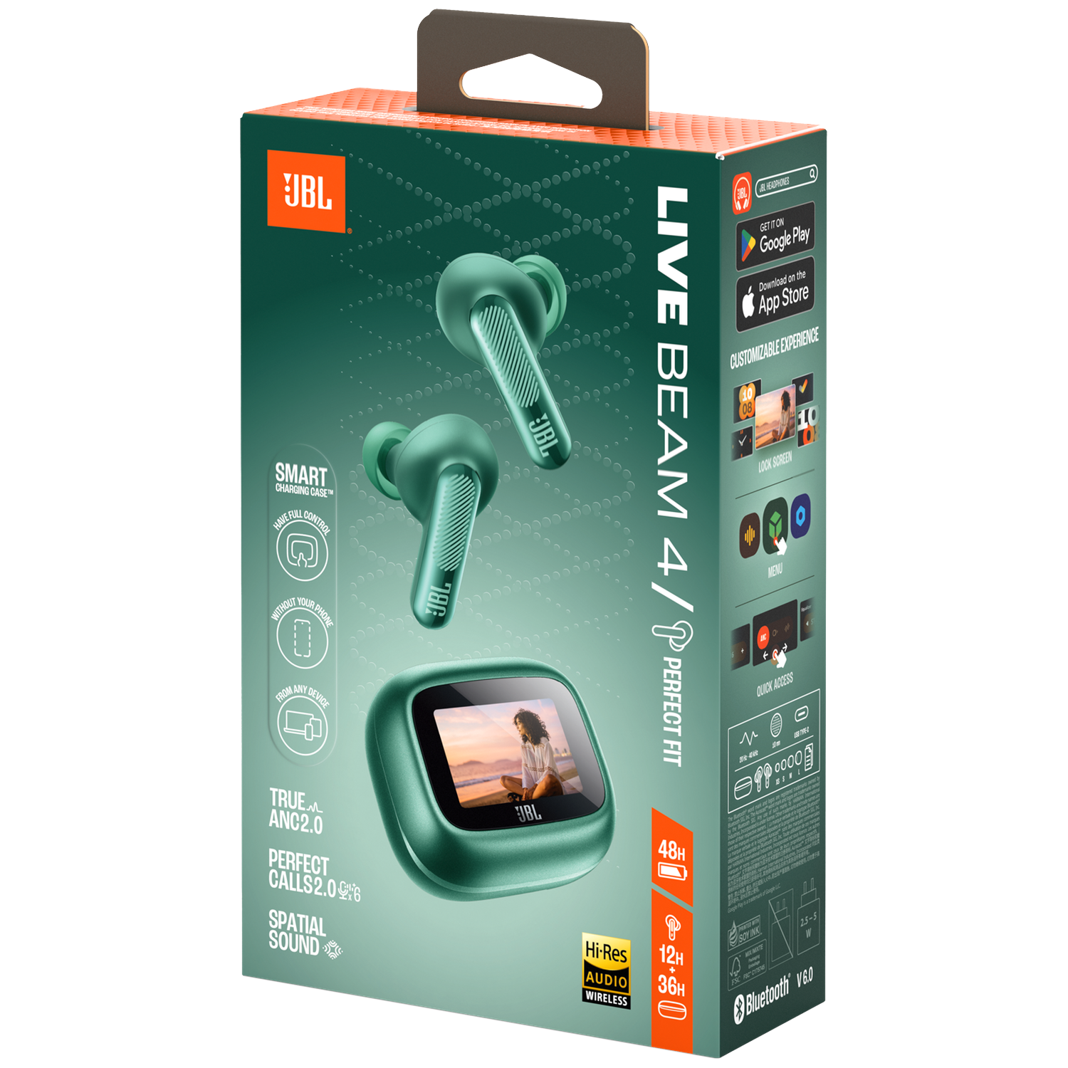 Emballage d'écouteurs JBL Live Beam 4/P avec écouteurs verts et étui de chargement.