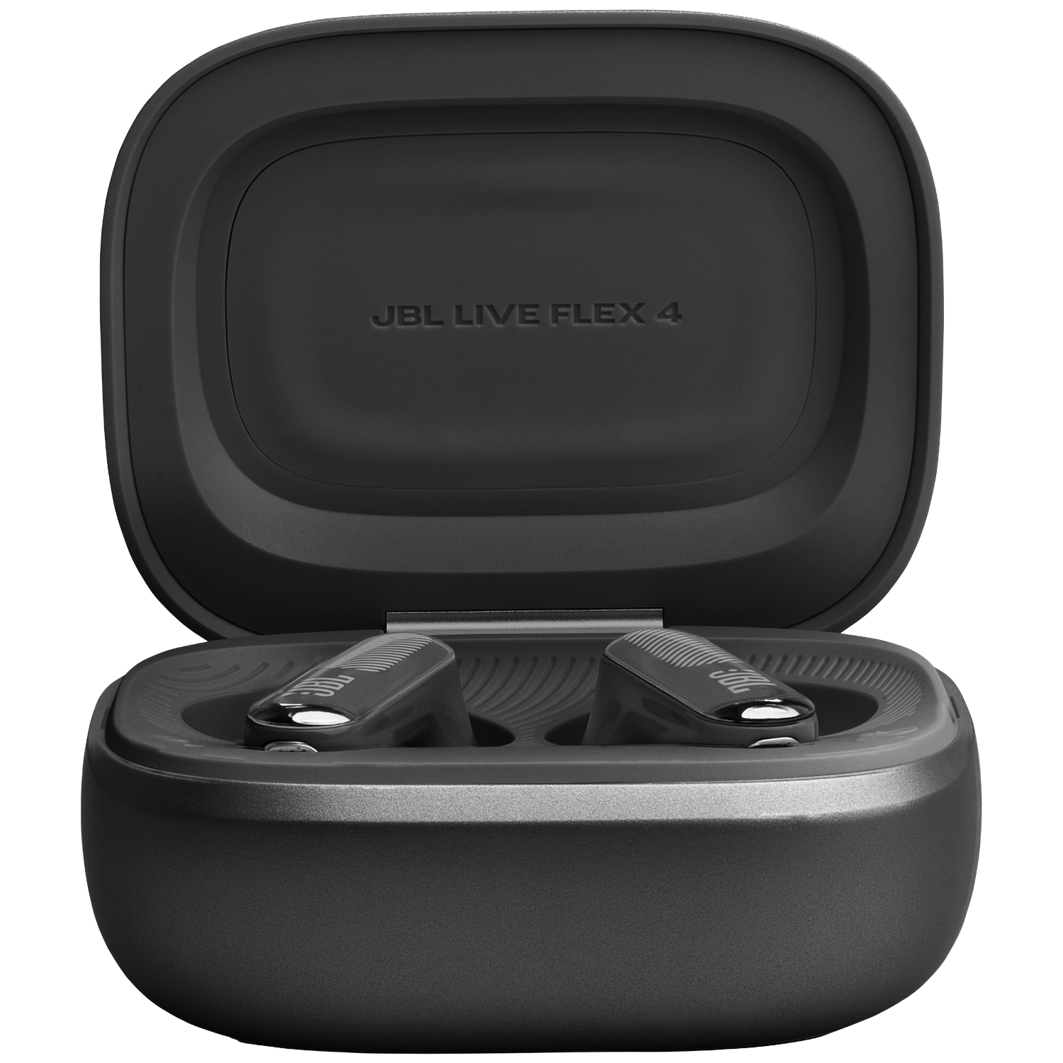 Black wireless earbuds in an open charging case with JBL LIVE FLEX 4 logo.
