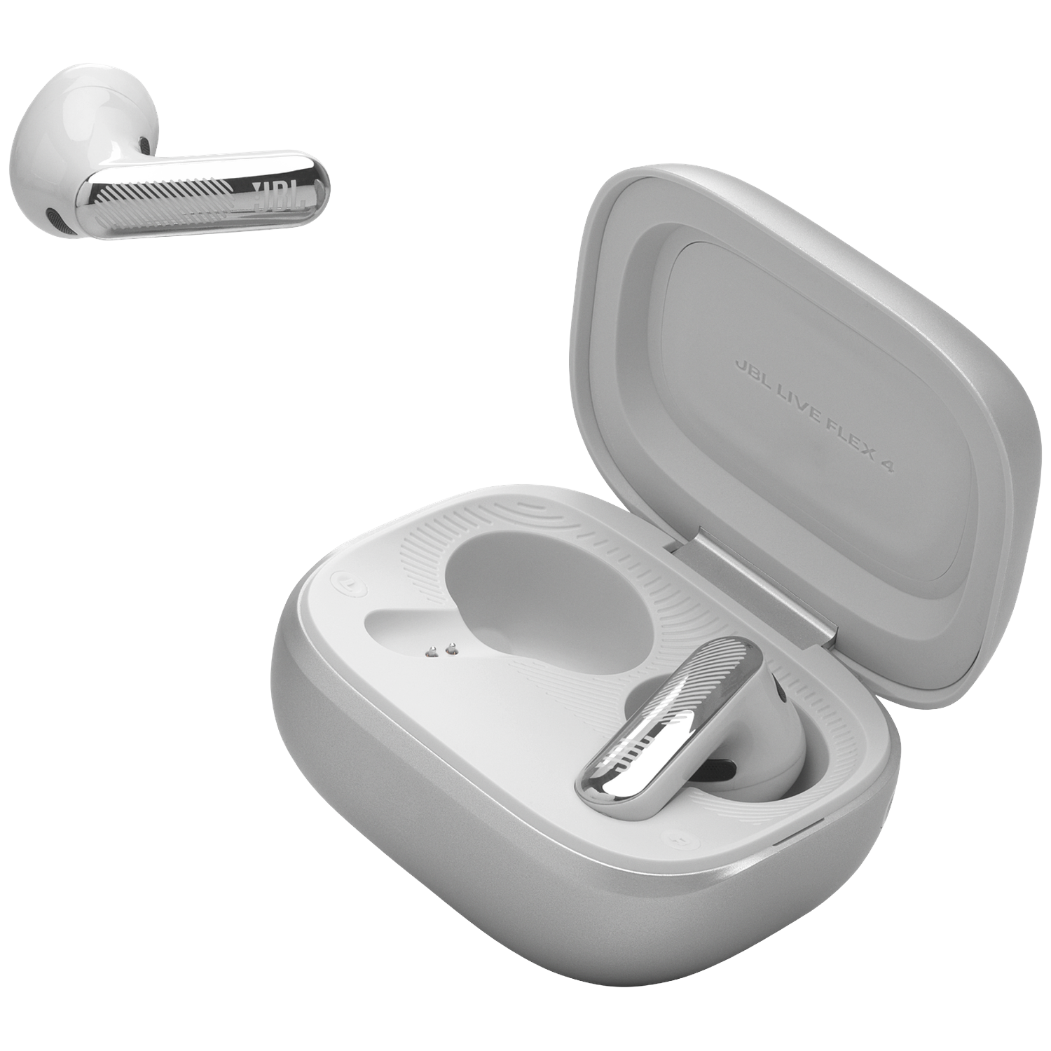 Écouteurs JBL blancs avec étui de chargement, un à côté, l'autre dans l'étui.