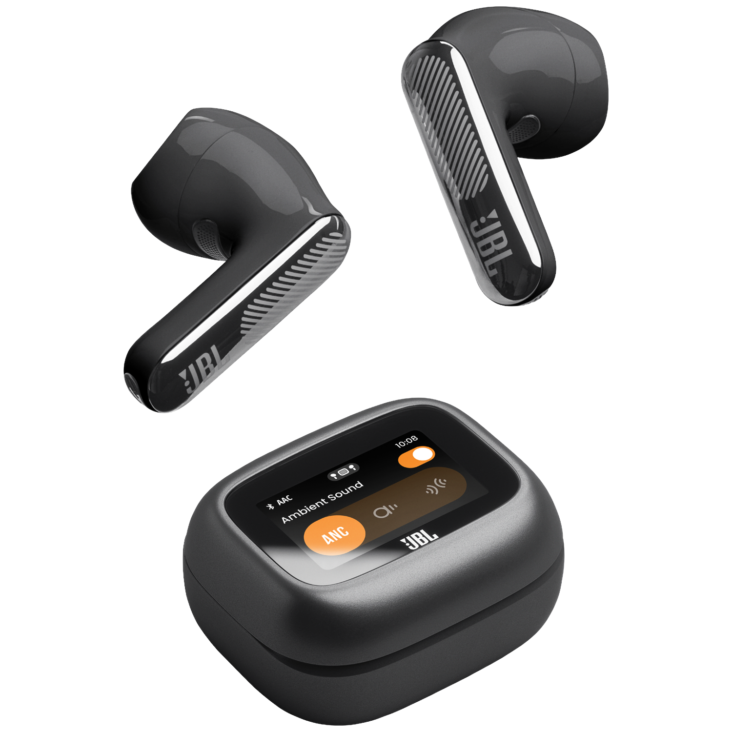 Three black JBL earbuds and charging case with illuminated display.