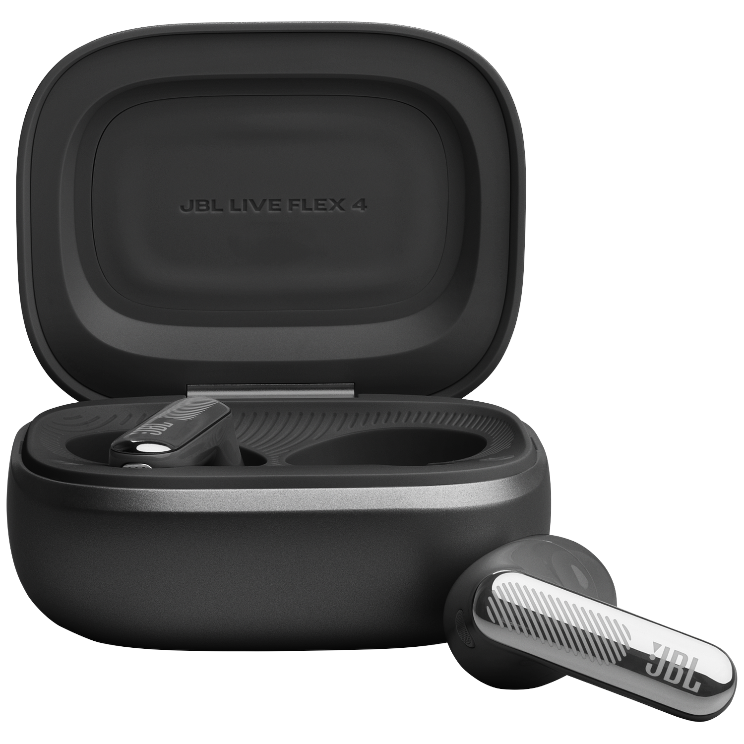 Black JBL Live Flex 4 charging case with one earbud beside it.