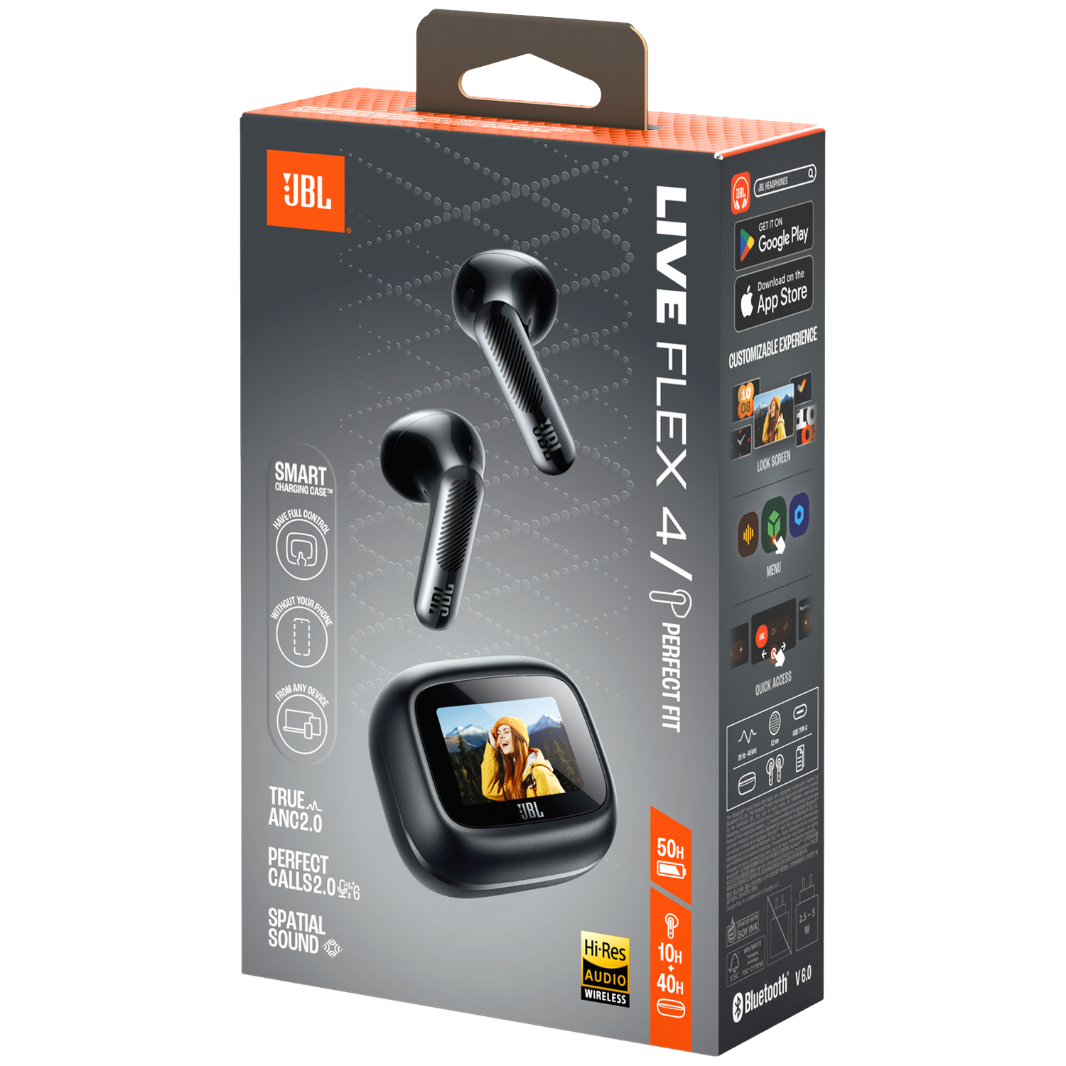 JBL Live Flex 4/P headphone box, showing product and features.