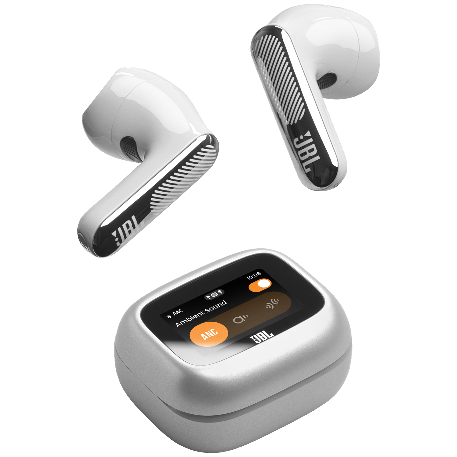Trois écouteurs JBL blancs et leur étui de chargement sur fond noir.