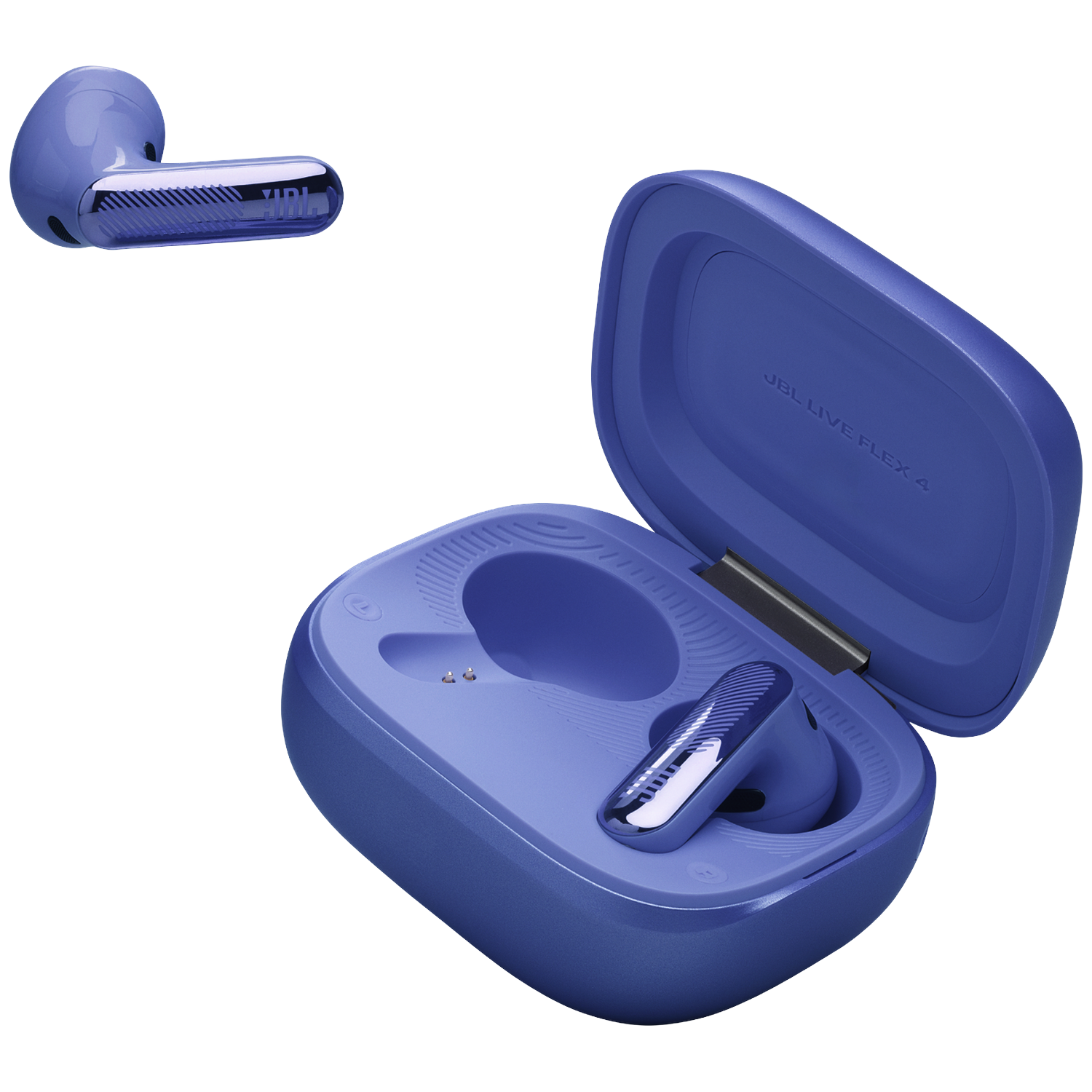A purple JBL Live Flex 4 earbud in an open charging case and a single earbud beside it.