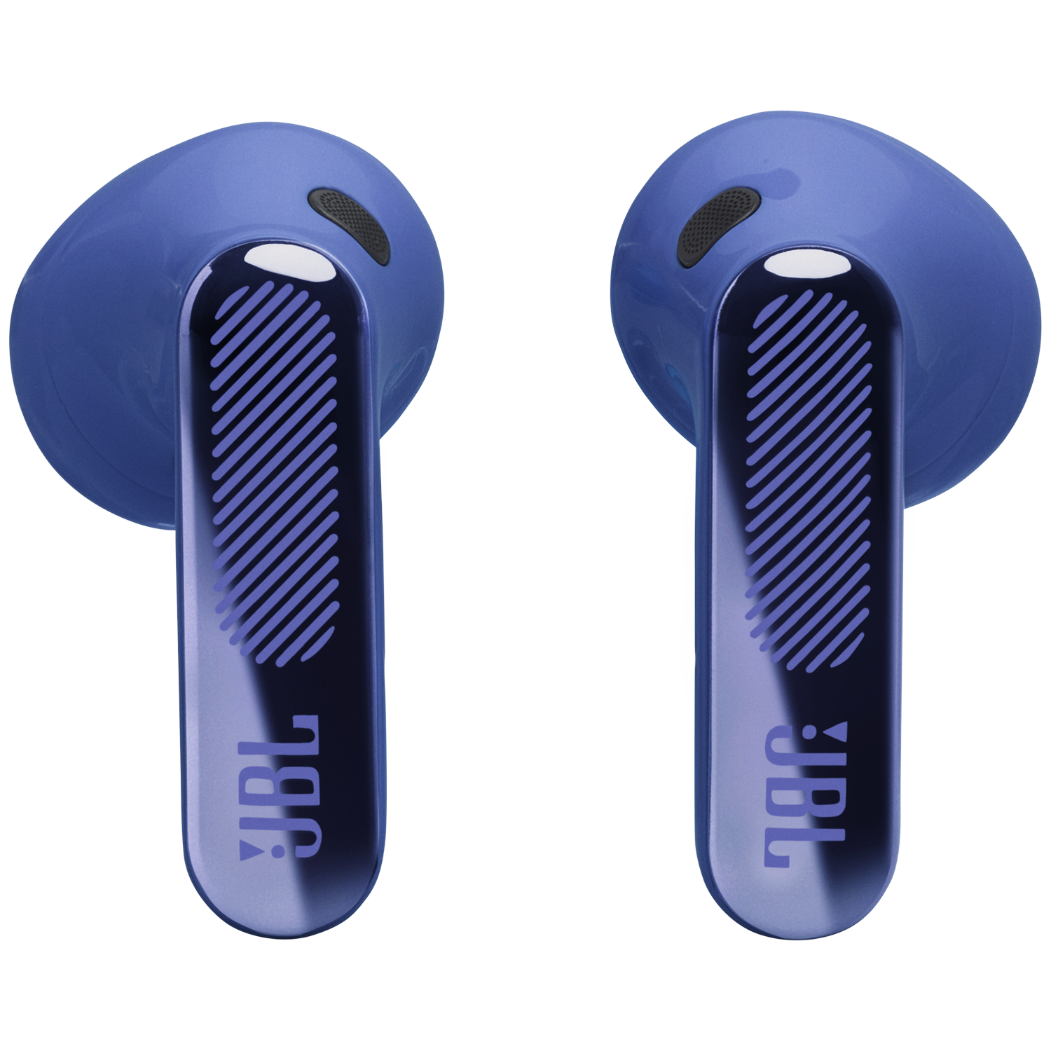 Two blue JBL earbuds with charging stem on a black background.