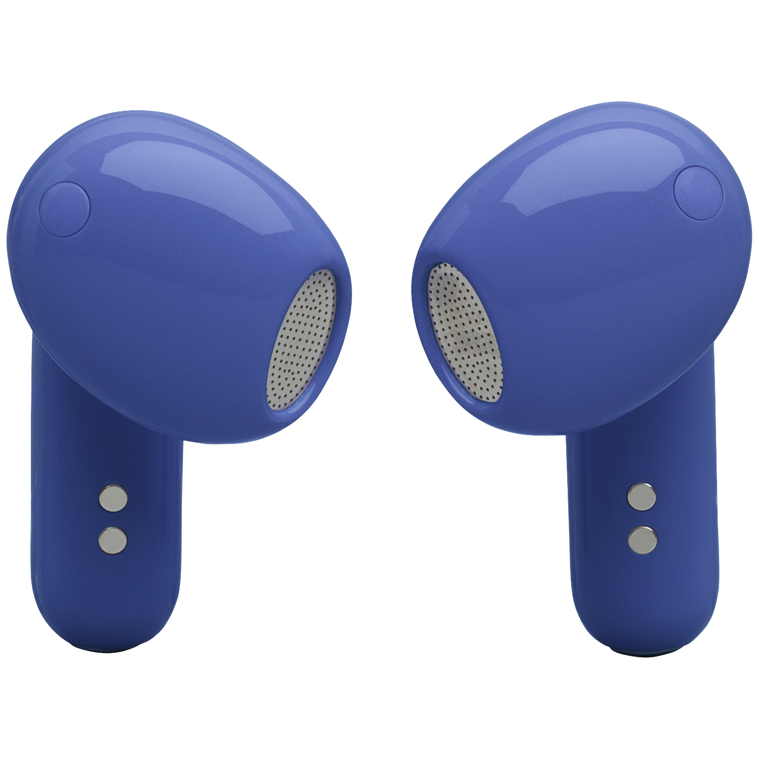 Two blue wireless earbuds with metallic speaker grilles and buttons.