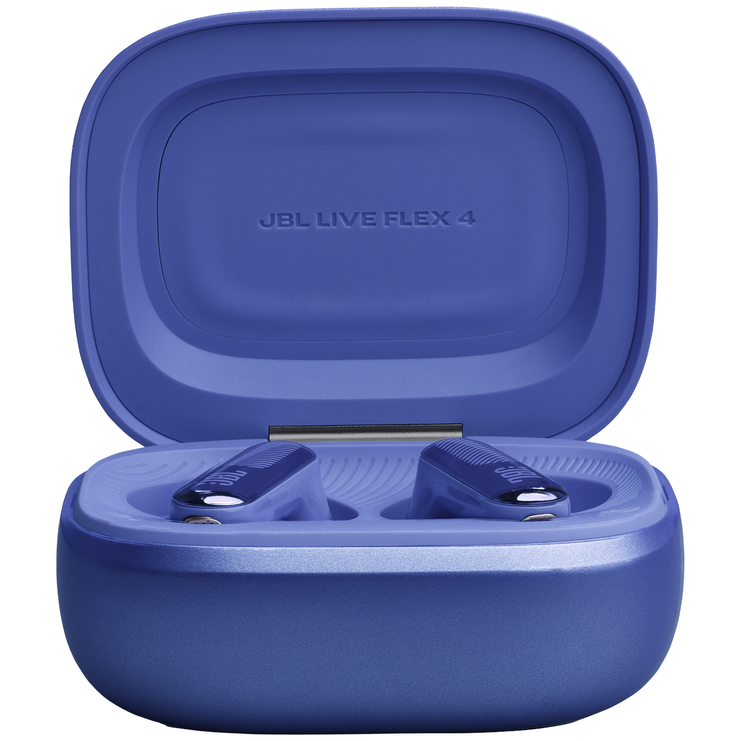 Blue JBL Live Flex 4 earbuds in an open charging case against a black background.
