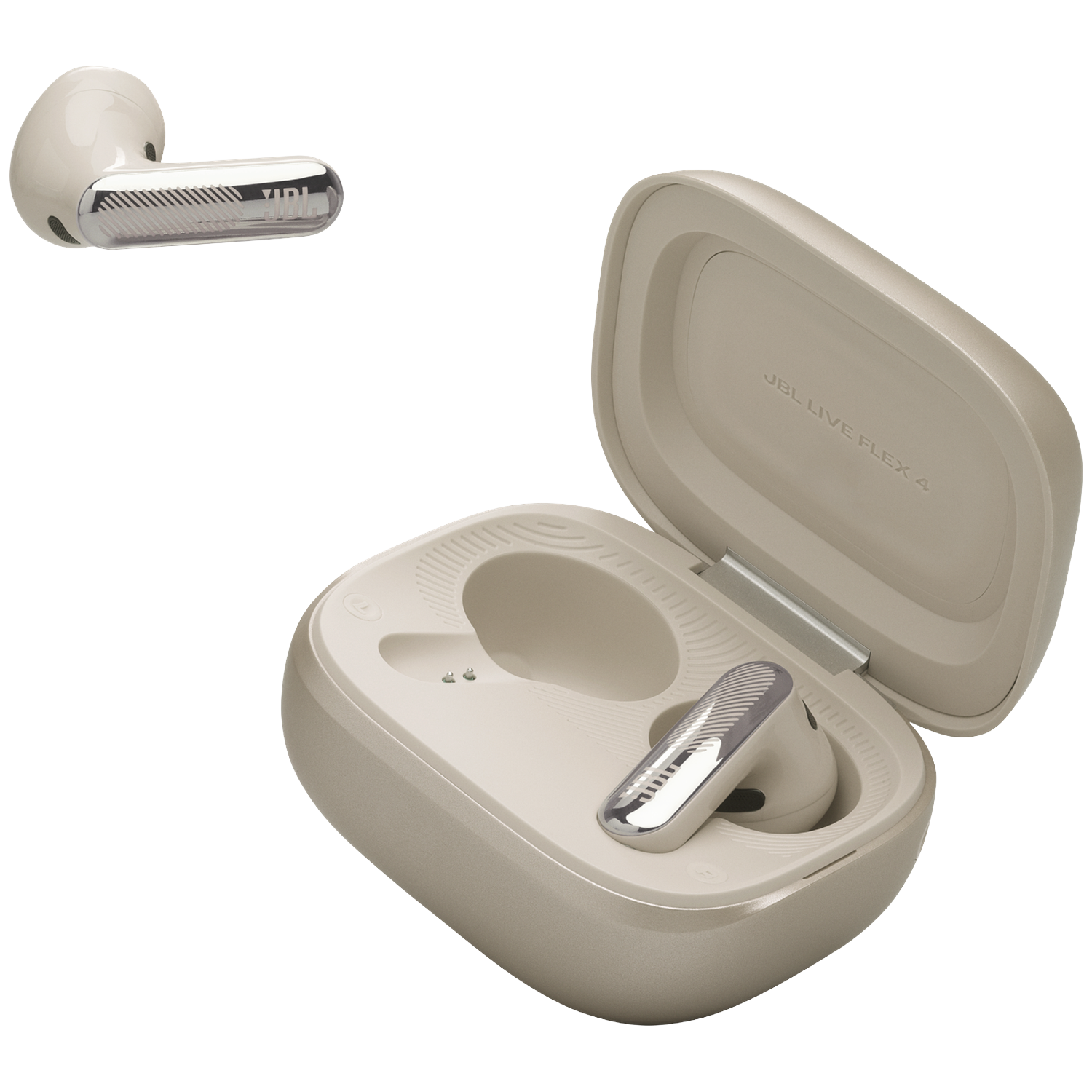 Beige JBL earbuds and open charging case with one earbud inside. JBL logo visible.
