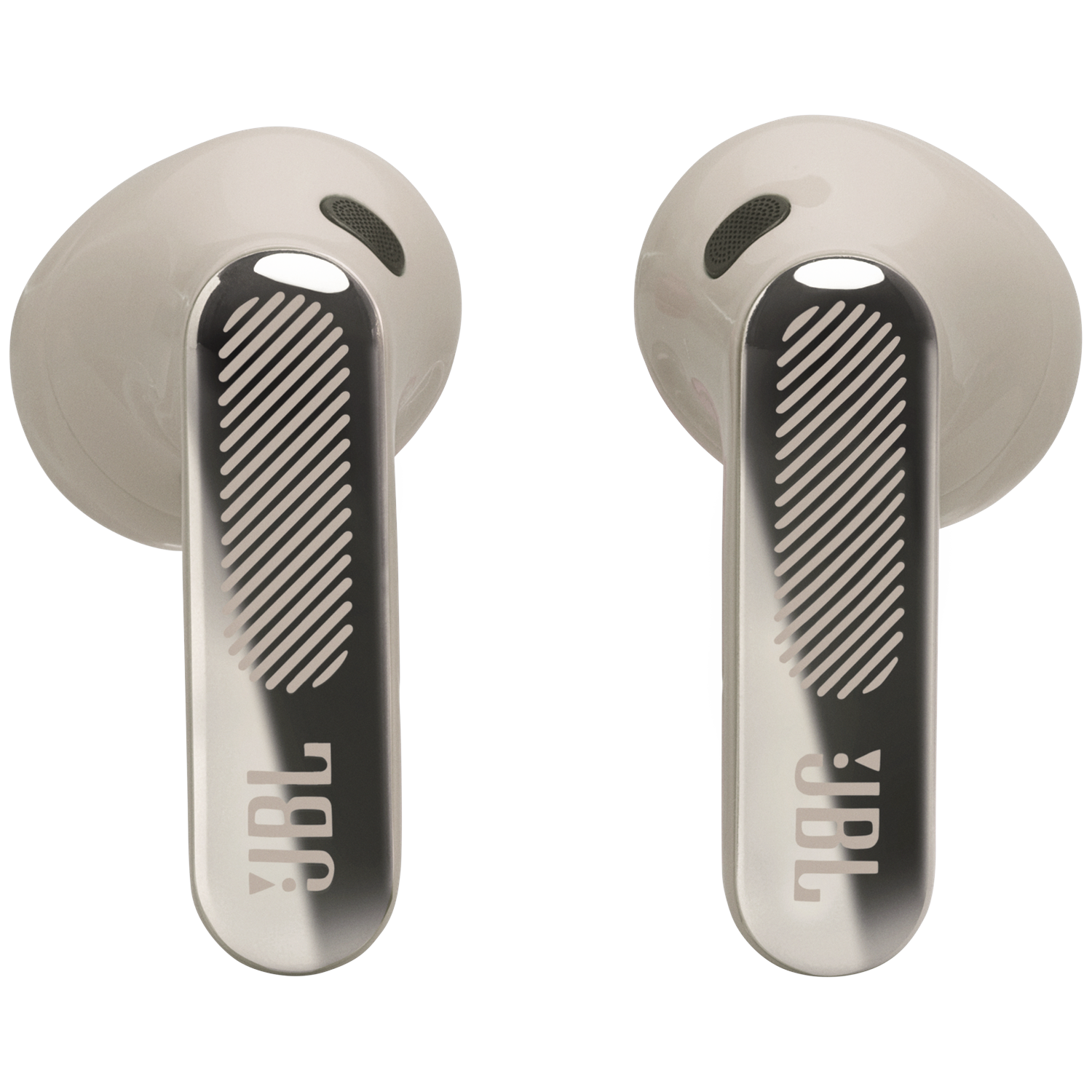 Two white JBL earbuds with metallic accents on a black background.